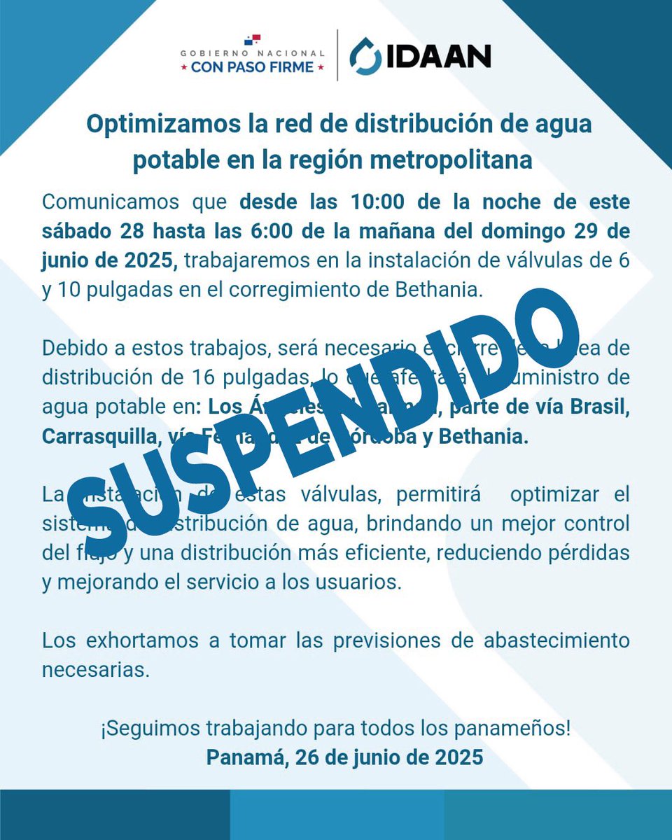 🚨 Anunciamos que fueron suspendidos los trabajos programados para este fin de semana en las áreas de Bethania, Los Ángeles, El Carmen, Vía Brasil, Carrasquilla y Vía Fernández de Córdoba. 

Estaremos reprogramando en próxima fecha