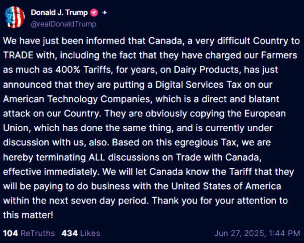 MorningBrew's tweet image. BREAKING: Trump is ending trade talks with Canada