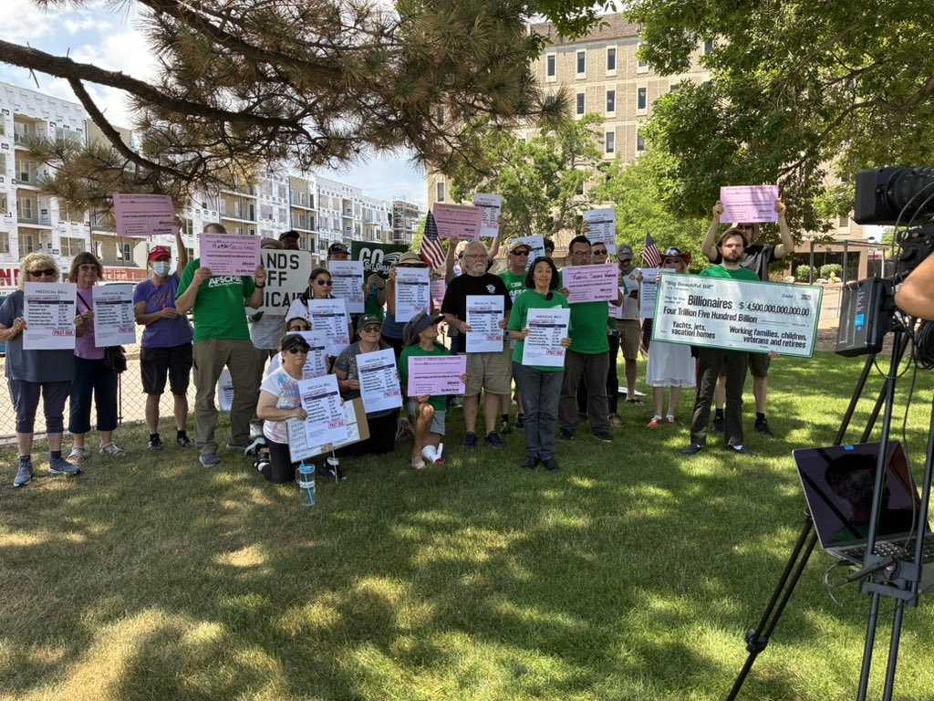 NOW; Our friends at <a href="/AFSCME/">AFSCME</a> outside <a href="/repgabeevans/">Congressman Gabe Evans</a>’ office to say NO to budget cuts to make billionaires richer. #copolitics #savemedicaid