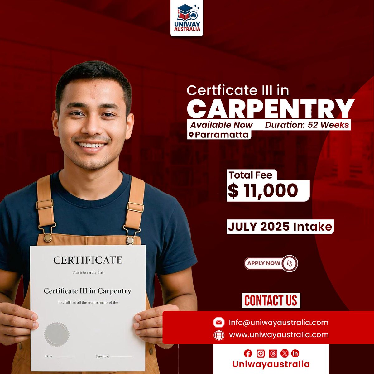 Uniwayaustralia's tweet image. 🔨 Build your future with Certificate III in Carpentry at Uniway Australia! 🇦🇺

Contact us at
📩 info@uniwayaustralia.com | 🌐 uniwayaustralia.com

WhatsApp Link: wa.me/message/ESNXEN…
Form Link: forms.office.com/r/GMRL06bQKf

#CarpentryCourse #StudyInAustralia  #UniwayAustralia