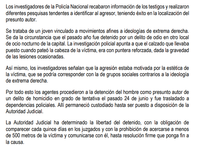 Detenido un neonazi reincidente en Valladolid por patearle la cabeza con calzado de puntera reforzada a un joven de estética de izq. 8 días en hospital. Un golpe más hubiera podido matarlo de incrustarse el cráneo en el cerebro. Se acercaron 3 por la espalda para tirarlo al suelo