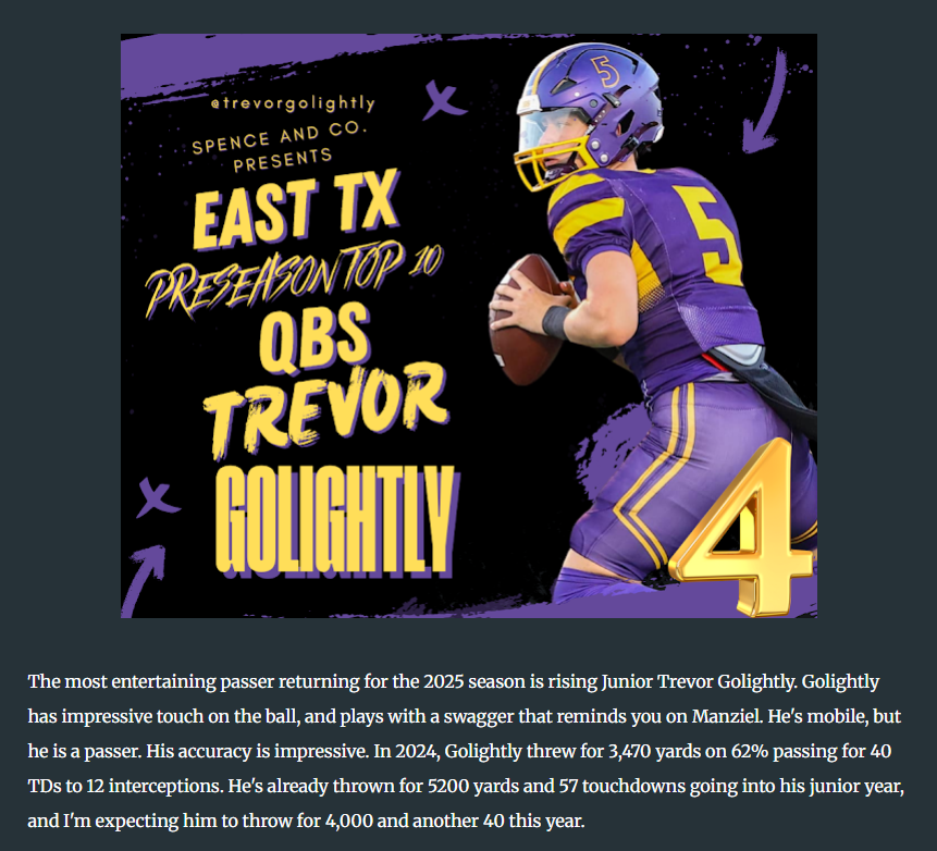 thegeneraltrev's tweet image. Big shoutout to @SpenceandCoPod for the write-up. Grateful for the recognition and the Manziel comparison—means a lot. But I know this game isn’t about one guy. I’ve got a squad behind me, and we’re coming for everything in 2025.
📊 5,200+ yards. 57 TDs so far.
🎯 Eyes locked…