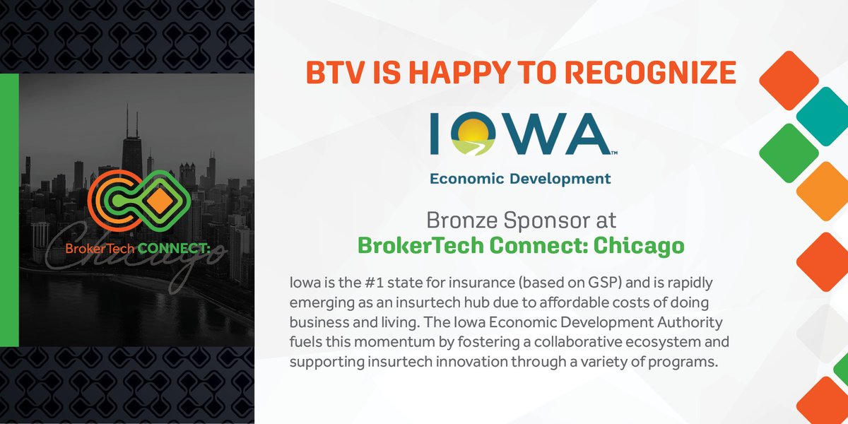 BrokerTechVen's tweet photo. Big thanks to @BusinessIOWA for supporting innovation as a Bronze Sponsor at #BrokerTechConnect: Chicago!
Iowa is the #1 state for insurance & rising fast as an insurtech powerhouse.
#Insurtech #IEDA #BTVChicago #InnovationEcosystem https://t.co/FvyqIk0Kei