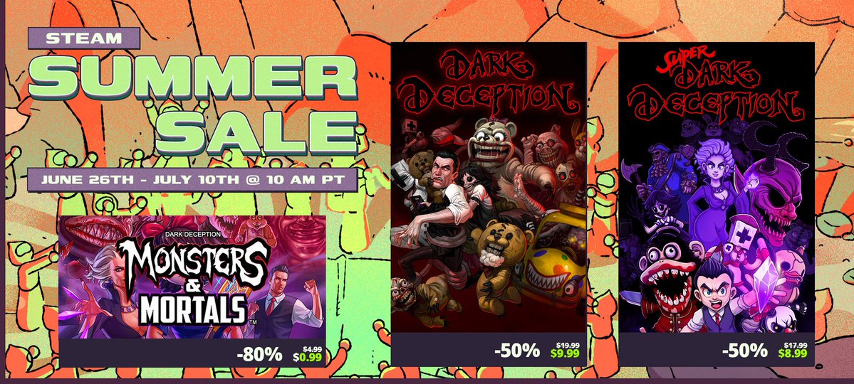 GlowstickEntmt's tweet image. Still on the fence? The entire Dark Deception game collection is now on sale 50-80% OFF on Steam! #DarkDeception #SteamSummerSale