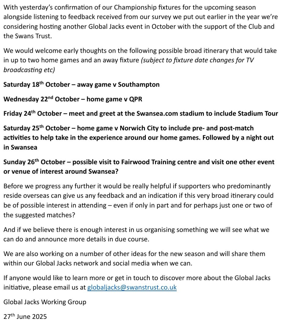 Have just posted the update below on our #GlobalJacks Facebook Group here: facebook.com/groups/1774724…

Would be good to get some early thoughts as to the level of interest?

PS. Will post more info on other Global Jacks ideas we are working on with <a href="/SwansOfficial/">Swansea City AFC</a> in the coming weeks