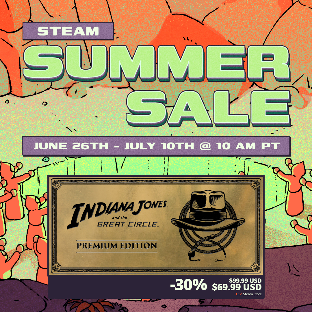 bethesda's tweet image. Save up to 30% on the #IndianaJones and the Great Circle Premium Edition during the Steam Summer Sale! beth.games/44o01UH