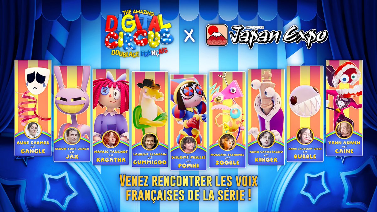 🎪 The Amazing Digital Circus FR (@tadc_fr) on Twitter photo 🎪 L’aventure du jour s’appelle... la <a href="/japanexpo/">Japan Expo ⛩🗼</a> avec Studio Abysse !
Retrouvez l’équipe VF de The Amazing Digital Circus du 3 au 6 juillet sur notre stand A036, Hall 4 !
Au programme : dédicaces, rencontres, conférences et merch exclusif ✨️ 🎪 L’aventure du jour s’appelle... la <a href="/japanexpo/">Japan Expo ⛩🗼</a> avec Studio Abysse !
Retrouvez l’équipe VF de The Amazing Digital Circus du 3 au 6 juillet sur notre stand A036, Hall 4 !
Au programme : dédicaces, rencontres, conférences et merch exclusif ✨️