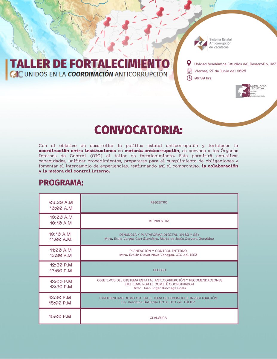 📢El Sistema Anticorrupción de Zacatecas convoca a los Órganos Internos de Control:

🔹 Taller de Fortalecimiento, OIC Unidos en la Coordinación Anticorrupción
📍 Unidad Académica de Estudios del Desarrollo
🗓️ Viernes, 27 de jun
🕤 09:30 hrs
🔴🎥 en vivo.

🔽 Consulta el programa