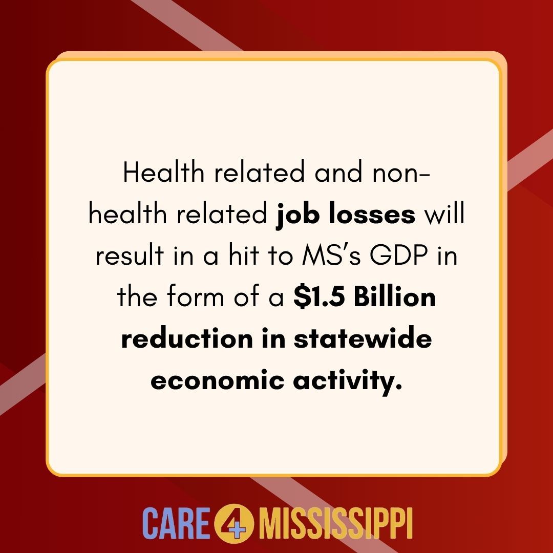 Care4MS's tweet photo. 🚨 Mississippi could lose 7,800 jobs if Medicaid cuts in the "Big Beautiful Bill" go through.
🔻 4,600 health jobs
🔻 3,300 non-health jobs
💸 $1.5B hit to the state’s economy over 10 years
This is more than health care—it's an economic crisis. 
#IAmMedicaidMS #HandsOffMedicaid https://t.co/X0txx1XPQq
