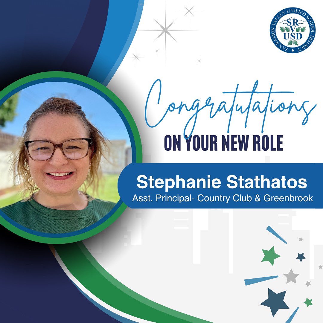Join us in congratulating Stephanie Stathatos on her new role as Assistant Principal of Country Club &amp; Greenbrook Elementary! With over a decade of experience, she brings deep knowledge and heart to everything she does. Learn more: srvusd.net/backtoschool. #WeAreSRVUSD