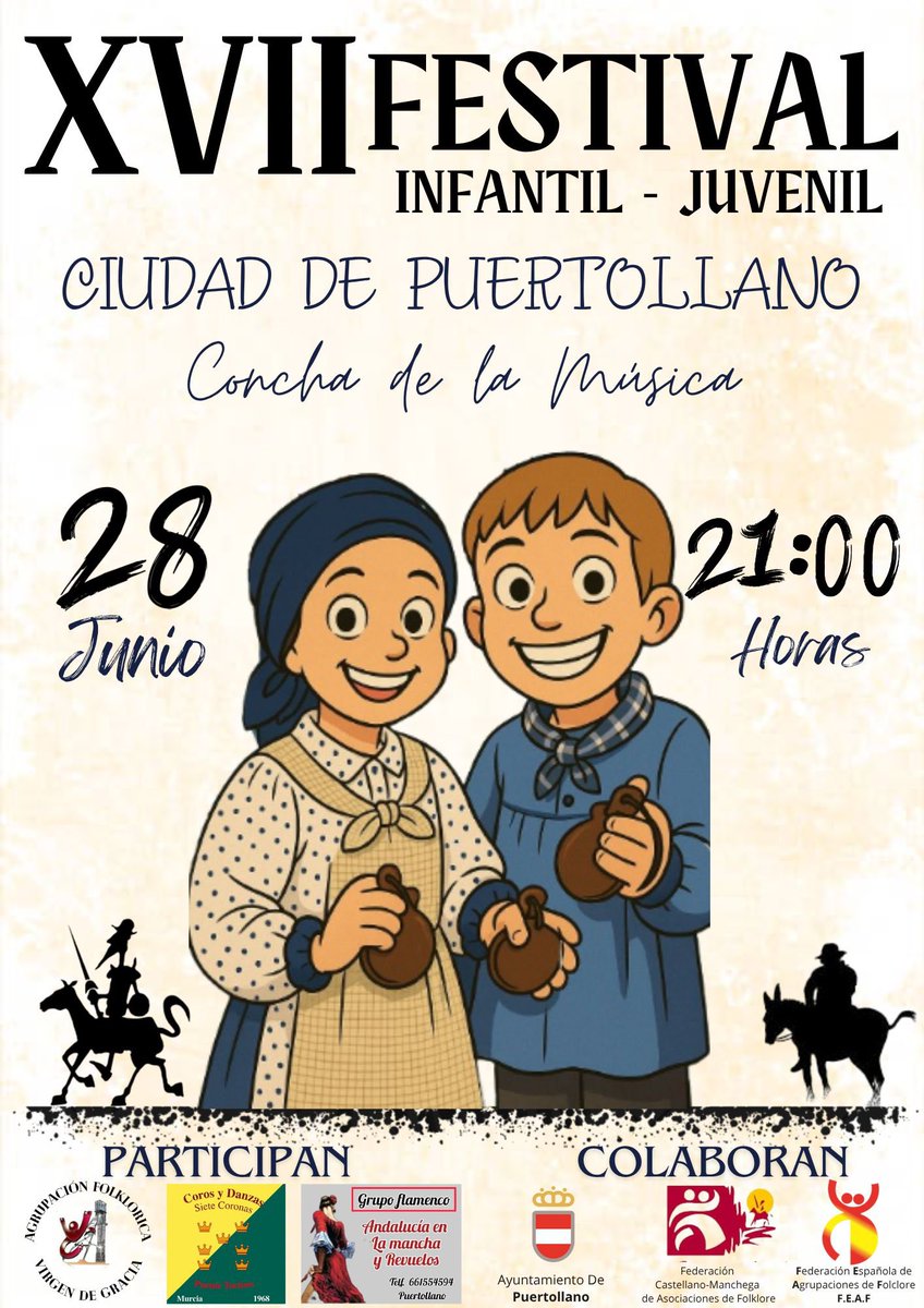 🎉 Este sábado 28 de junio a las 21:00 h, la Concha de la Música se llena de ritmo y tradición con el XVII Festival Infantil-Juvenil. 

🔸 Actúan:
🎶 Virgen de Gracia (Puertollano)
🎶 Siete Coronas (Murcia)
🎶 Andalucía en La Mancha y Revuelo. 

¡No te lo pierdas! 💃🏽