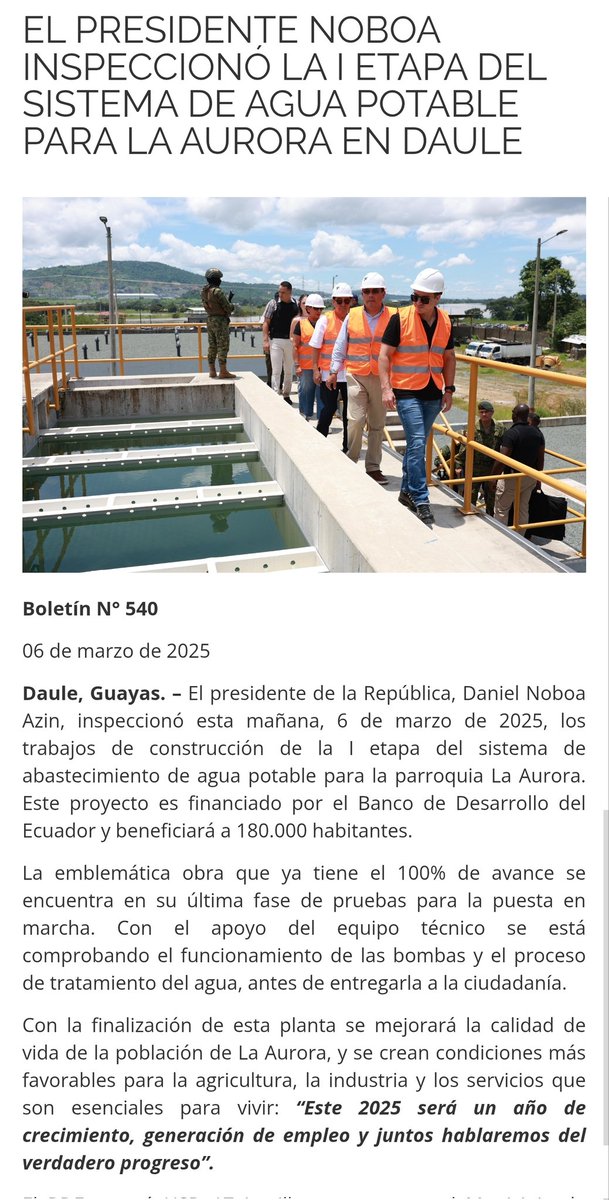 Estimado Sr. <a href="/WilsonCanizares/">Dr. Wilson Cañizares Villamar</a> y <a href="/AlcaldiadeDaule/">Alcaldía de Daule</a>, ¿Podrían informar a la ciudadanía cuándo será finalmente inaugurada la planta de agua potable en #LaAurora?  

Esta obra lleva años siendo anunciada como una solución urgente y necesaria para una zona que ha experimentado un