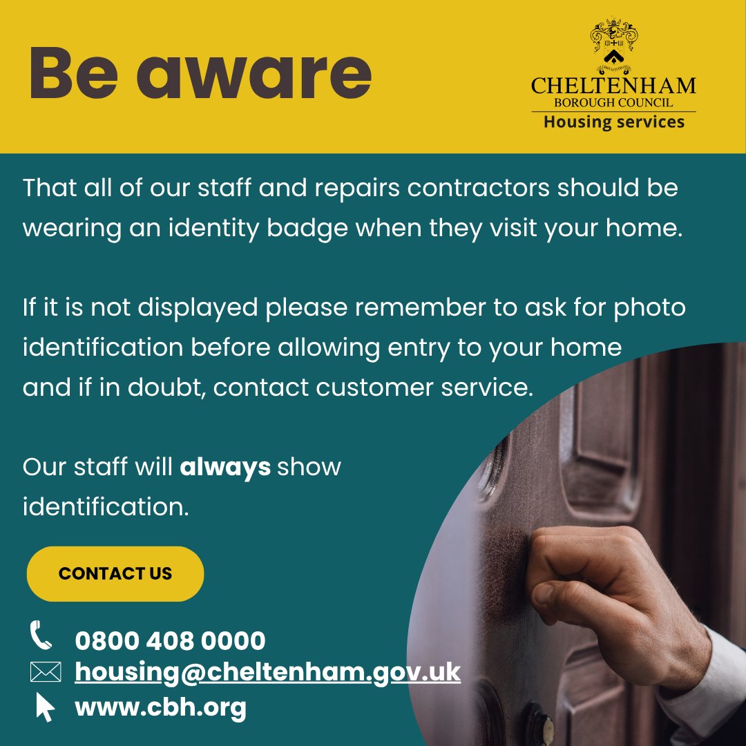 Your safety matters to us so please remember to always check for photo identification before you let anyone visiting on behalf of the council into your home.

Please let us know if you’re in doubt, our customer service team is always here to help.