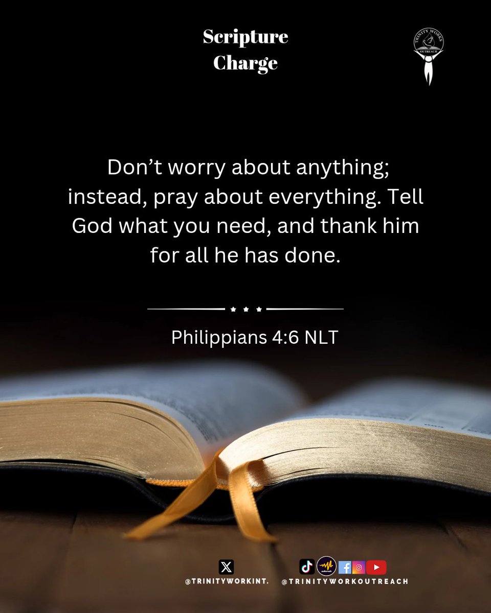 trinityworksint's tweet photo. Philippians 4:6 NLT
[6] Don’t worry about anything; instead, pray about everything. Tell God what you need, and thank him for all he has done. https://t.co/0aayJhFwq4