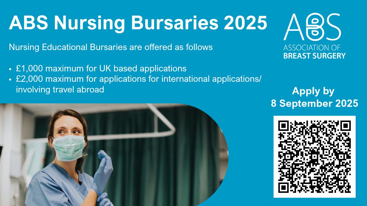 ABS Educational Nursing Bursaries are open for applications and can be used to:
✅ Visit and learn from UK or international breast units
✅ Attend or present at breast conferences.
✅ Take a course or educational programme. 
📅 Apply by 8 September 2025: buff.ly/azO05Hy