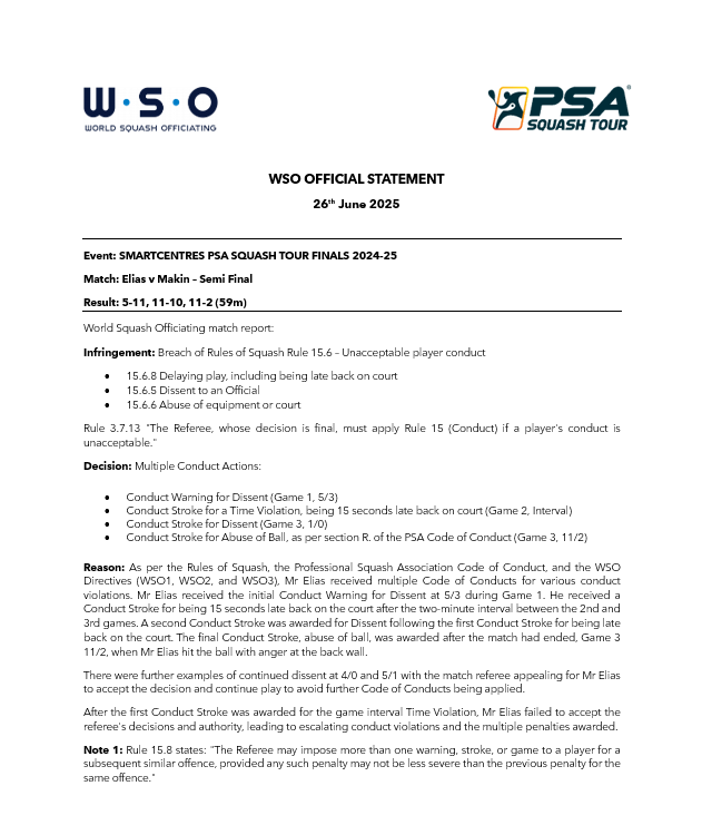 World Squash Officiating (WSO) have issued the following statement in relation to the Semi-Final match between Diego Elias and Joel Makin at the SmartCentres PSA Squash Tour Finals. To read more, click here: bit.ly/45LhTeC