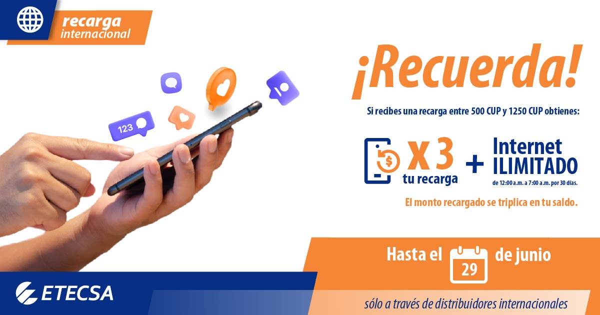 ¡Recuerda que la promo sigue activa hasta el 29! 🗓️
Aprovecha esta oportunidad de obtener 3 veces el saldo recargado y datos ilimitados de 12:00 a.m. a 7:00 a.m. 📲💬
Revisa toda la info en etecsa.cu 🔗
#RecargaInternacional