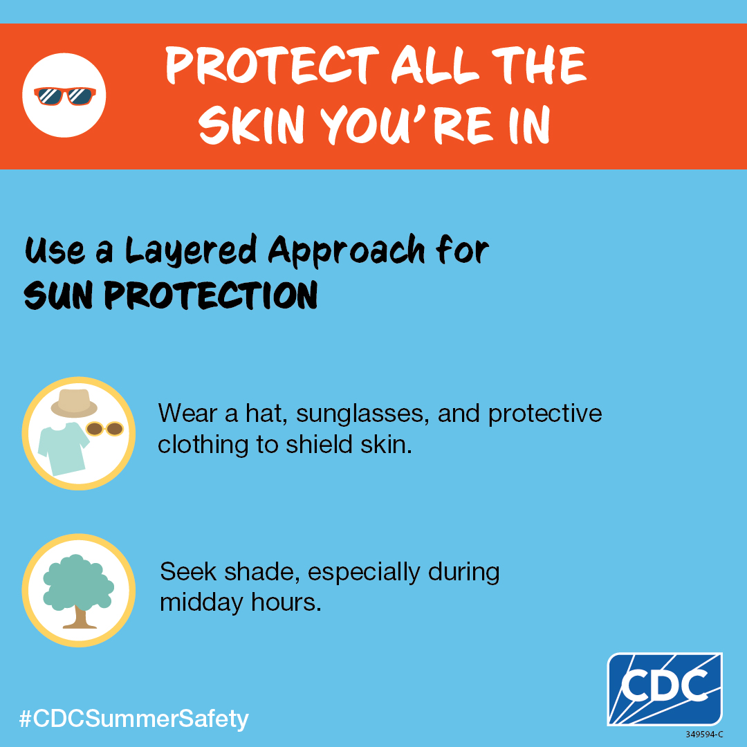 Summer weather is here! Preventing skin cancer &amp; sun damage requires a layered approach:  
👖Clothing that covers
👒 Hat &amp; sunglasses
🏖️ Look for shade
🧴 Apply sunscreen (at least SPF 15) &amp; reapply often

Discover more ways to stay safe in the sun: bit.ly/3QOP48R