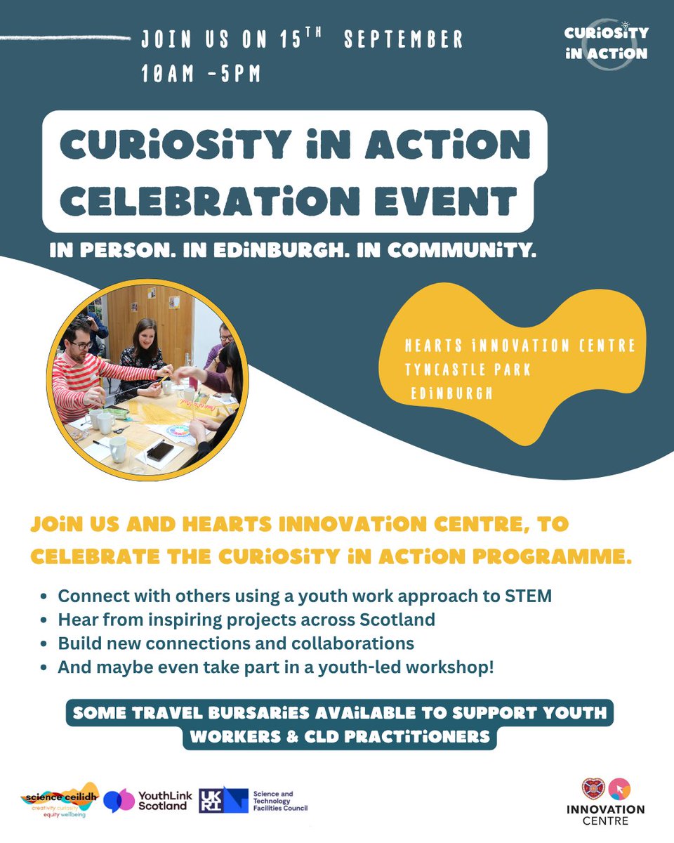 ScienceCeilidh's tweet image. 💡 Travel bursaries available!
Join us in Edinburgh for the #CuriosityinAction Celebration on 15 Sept at @HeartsInnovate Centre.
Bursaries can help with travel, childcare or accommodation.
Apply early - final decisions by 25 Aug.
🎟tinyurl.com/ciasymposium
#YouthWork #CLD