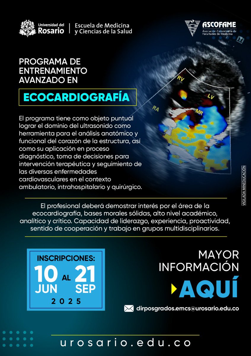 A quien interese les extiendo la invitación a formarse en un centro de referencia Cardiovascular, docentes certificados, alto volumen y tecnología de punta. Más información: urosario.edu.co/entrenamiento-…. <a href="/URosario/">URosario</a> <a href="/fcardioinfantil/">Fundación Cardioinfantil - LaCardio</a>