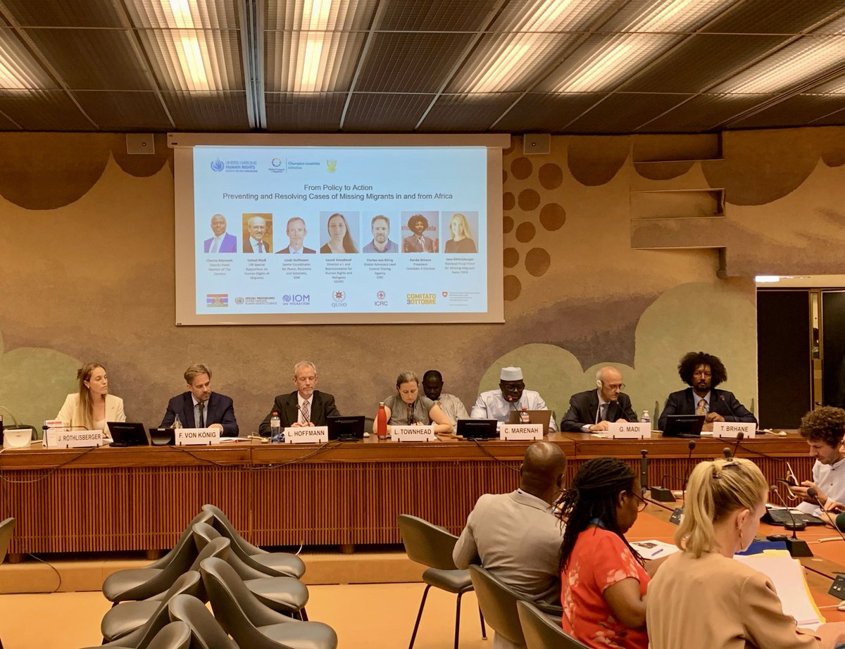 SwissPeaceHR's tweet image. Engaging dialogue at #HRC59 with🇨🇭@SwissPeaceHR, 🇬🇲The Gambia, @UN_SPExperts, @UNmigration, @ICRC, @C3ottobre & @QuakerUNOffice on turning policy into action — upholding #HumanRights, preventing disappearances, and supporting families of #MissingMigrants across and from Africa 🌍