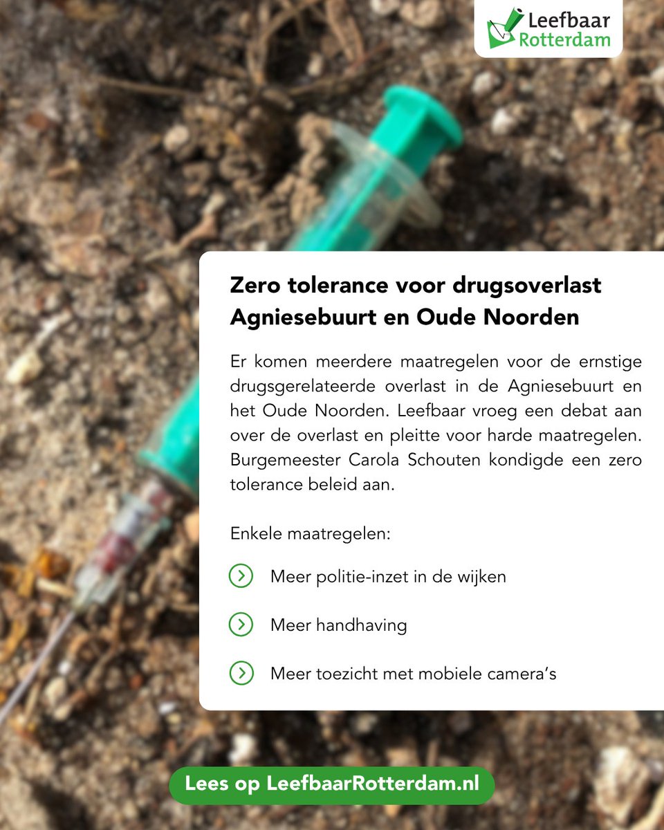 De drugsgerelateerde wantoestanden waar de Agniesebuurt en het Oude Noorden onder gebukt gaan, gaan echt alle perken te buiten. Leefbaar vroeg een debat aan en pleitte voor harde maatregelen. En die maatregelen komen er op korte termijn. 

Lees meer ➡️ leefbaarrotterdam.nl/nieuws/zero-to…