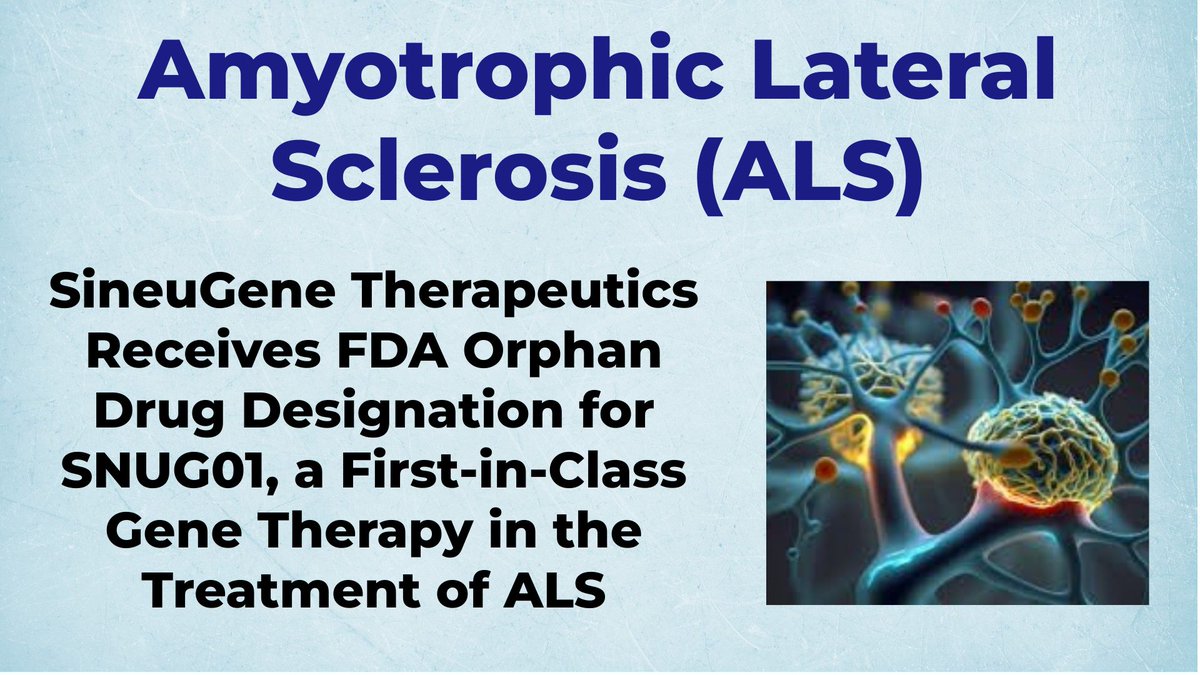 SineuGene Therapeutics Receives FDA Orphan Drug Designation for SNUG01, a First-in-Class Gene Therapy in the Treatment of ALS - For More Information Visit  shorturl.at/ifrYG  #SineuGene  #ALS  #Rare_Diseases  #amyotrophic_lateral_sclerosis  #FDA  #OrphanDrugs