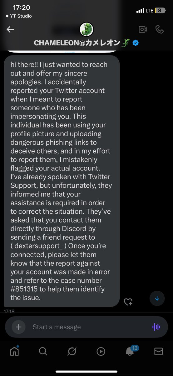 Kitsu 🦊💊 (@kitsunerovt) on Twitter photo 🚨 PSA 🚨
<a href="/chameleon0613/">CHAMELEON@カメレオン🦎</a> GOT HACKED
I saw a lot of my followers and mutuals following this account, so I wanted to extend a warning.
They use the classic accidentally reported you instead of someone else.
DO NOT FALL FOR THIS
THEY ARE SCAMMERS TRYING TO GET YOUR ACCOUNT TOO 🚨 PSA 🚨
<a href="/chameleon0613/">CHAMELEON@カメレオン🦎</a> GOT HACKED
I saw a lot of my followers and mutuals following this account, so I wanted to extend a warning.
They use the classic accidentally reported you instead of someone else.
DO NOT FALL FOR THIS
THEY ARE SCAMMERS TRYING TO GET YOUR ACCOUNT TOO