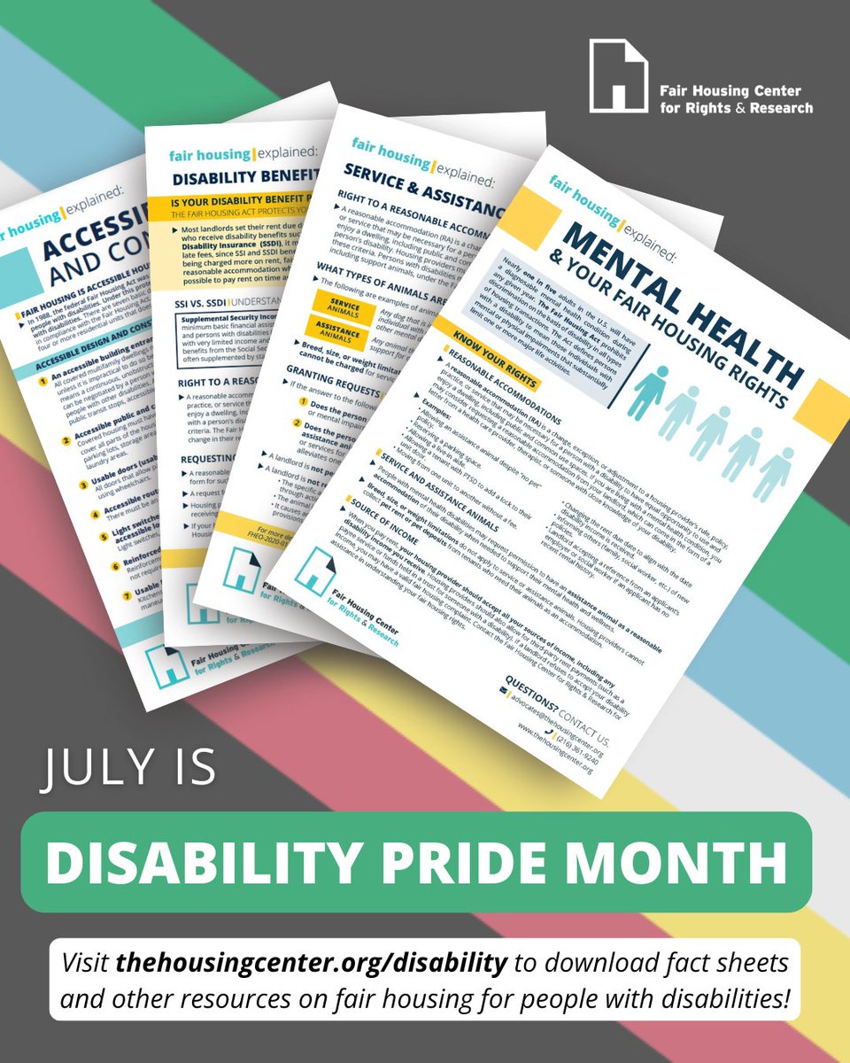 housingcenter's tweet image. July is #DisabilityPrideMonth!
Visit thehousingcenter.org/disability to download fact sheets and other resources on fair housing for people with disabilities.