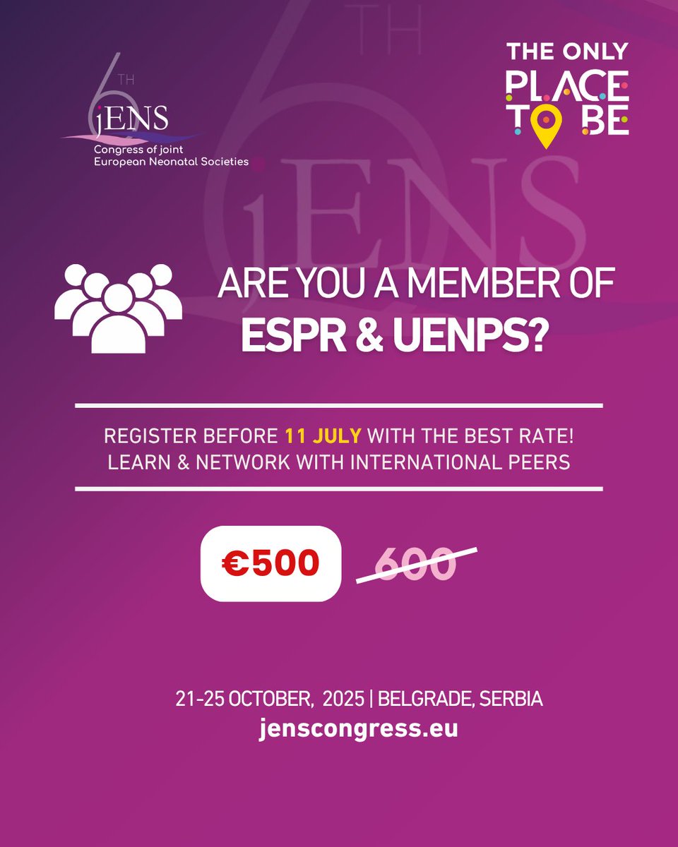 JENS_Congress's tweet image. Calling all the members of @ESPR_ESN and @UENPS_EU! Secure your ticket to the #neonatology congress of the year at the best fee.
Early Bird discount deadline: Friday, 11 July 2025.
Register to the congress now: bit.ly/jENS-REGISTRAT…