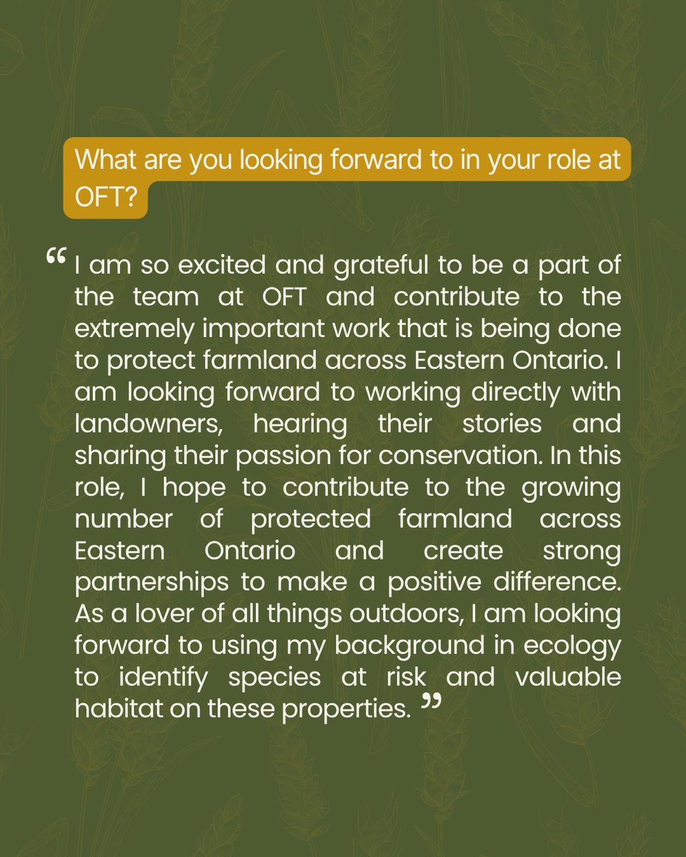 Meet Jenna, the newest member of the OFT team! As our Eastern Ontario Farmland Protection Coordinator, she helps manage our six protected farms and six active projects in the region, while also expanding our farmland protection efforts.

Join us in welcoming her to the team!