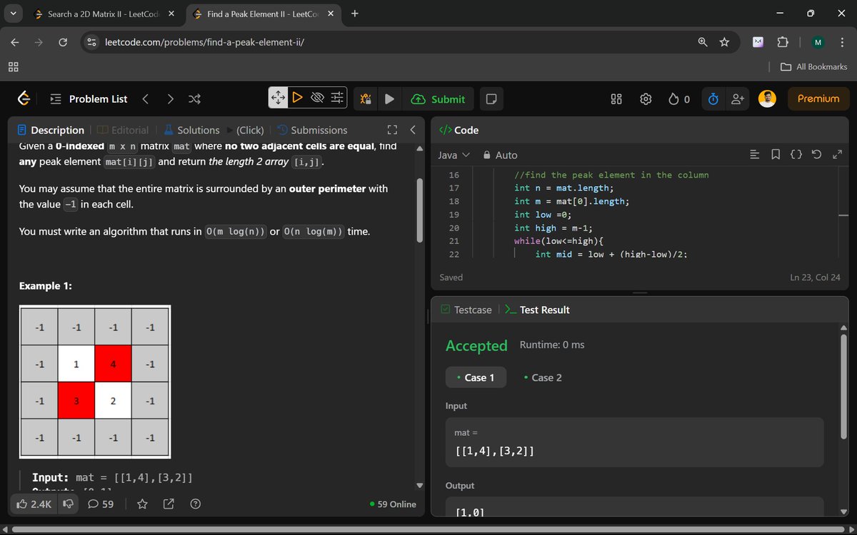 Manohar2909's tweet photo. 🚀 Day 27 of #100DaysOfCoding: Sharpening My Problem-Solving Skills, One Challenge at a Time!
240. Search a 2D Matrix II
1901. Find a Peak Element II

#100DaysOfCoding #JavaProgramming  
#DataStructuresAndAlgorithms #BinarySearch  #MatrixProblems #CodingChallenge #TechCareer https://t.co/shkfhIbf0S