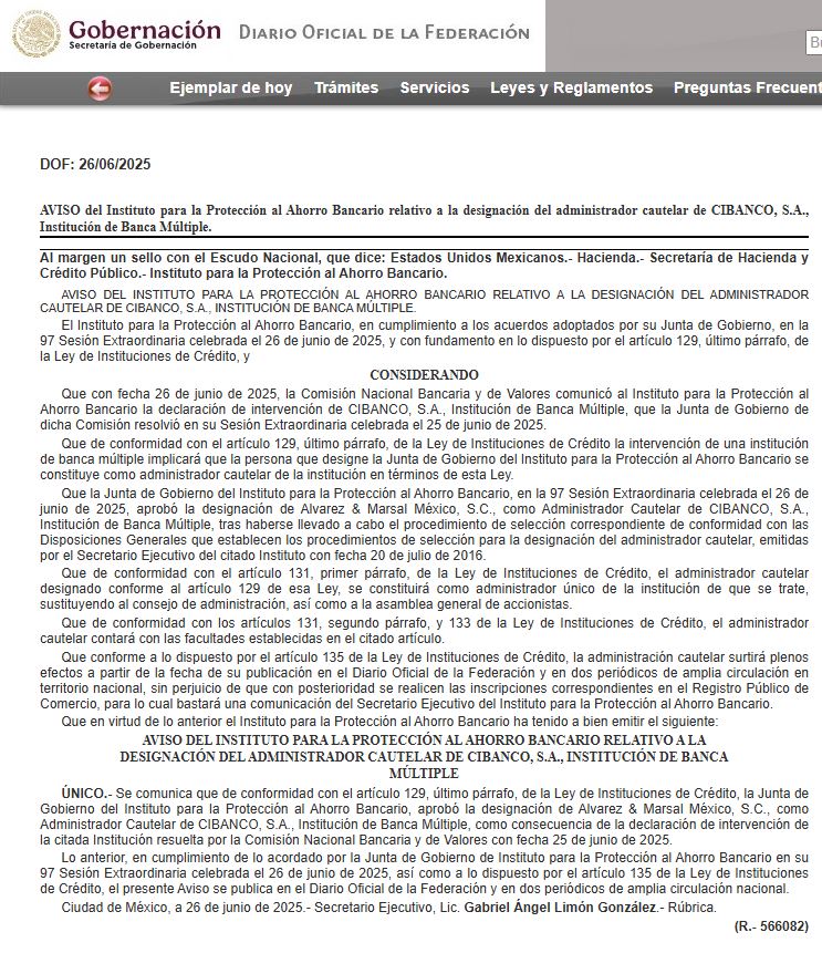 JonathanLpezTor's tweet image. ⚠️AVISO del #IPAB que comunica que aprobó la designación  del Administrador Cautelar de #CIBANCO, S.A., quien se constituirá como #administrador único de la institución, #sustituyendo al consejo de administración, así como a la asamblea general de accionistas.