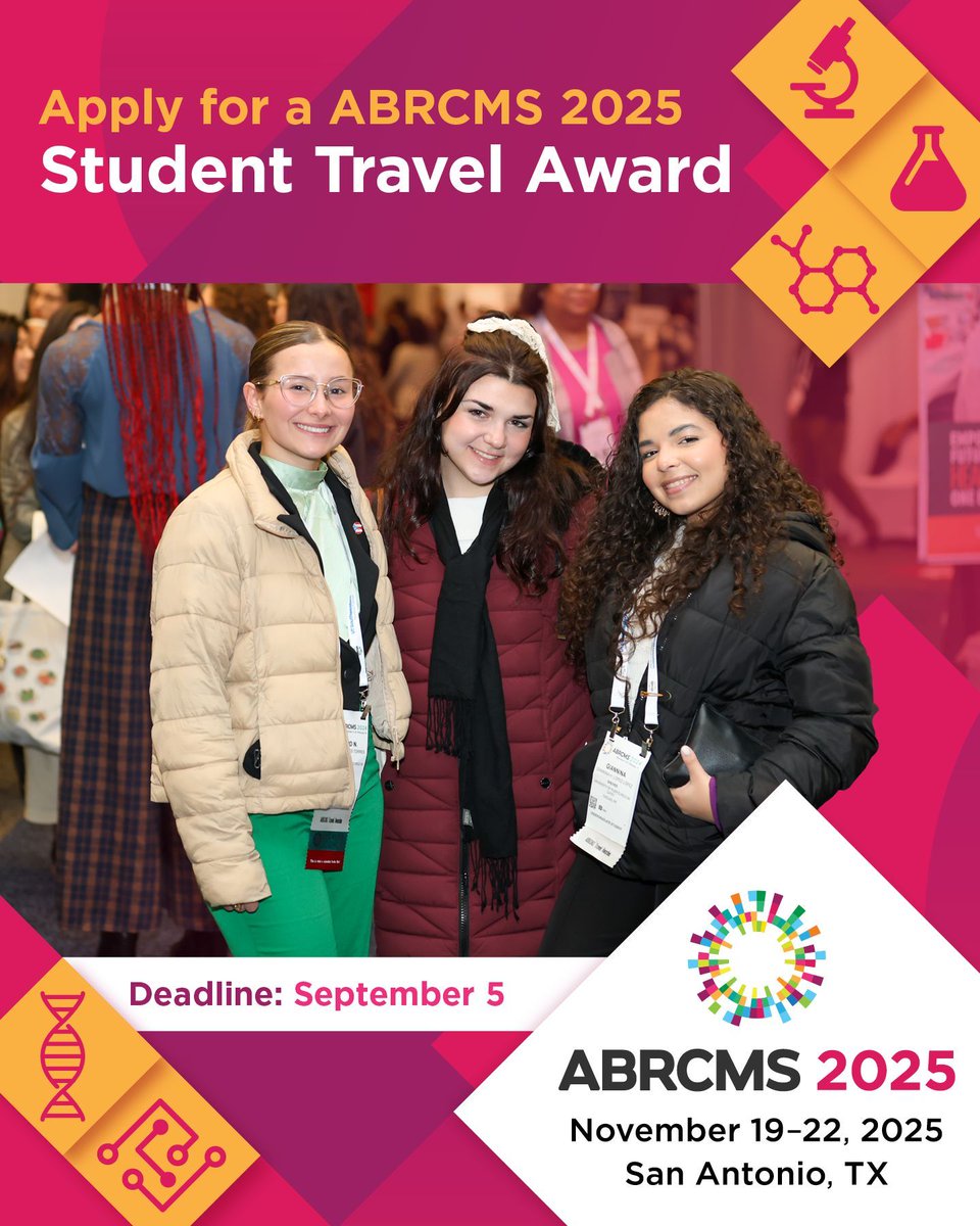 ABRCMS's tweet image. Are you presenting at #ABRCMS2025? Apply for a Student Travel Award to help cover the cost! 💸 Open to all student presenters, 18 or older, that are U.S. Citizens/Residents, including grad students and previous attendees!
Apply by Sept 5: abrcms.org/present-at-abr…
#STEMconference