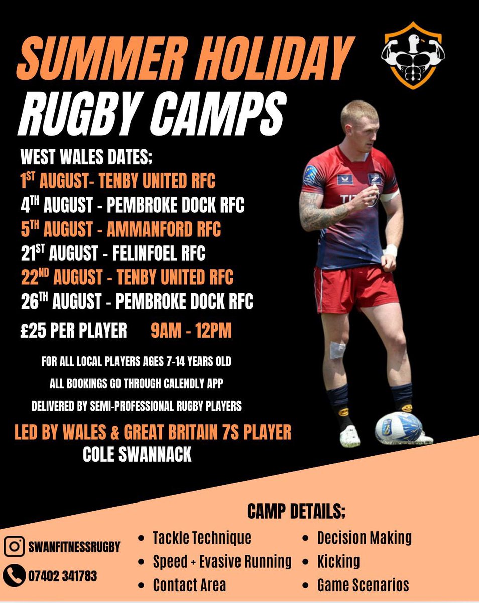 Rugby camps at Ammanford RFC hosted by @swanrugbyfitness on the 5th August

Follow the link below to book your place
calendly.com/cole_swannack/…