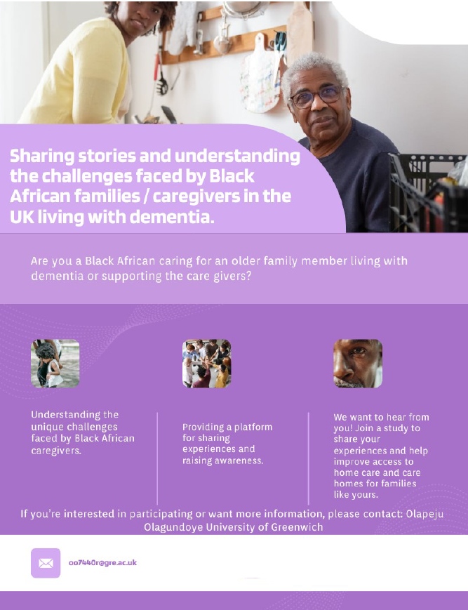 Dr Charlotte R. Stoner (@charlottest0ner) on Twitter photo New #research study: Are you a Black African caring for a family member living with #dementia? Do get in touch with Olapeju if you'd like to participate. More details on her research below: oo7440r@gre.ac.uk
#dementiaresearch #caregiverresearch #dementiacarer New #research study: Are you a Black African caring for a family member living with #dementia? Do get in touch with Olapeju if you'd like to participate. More details on her research below: oo7440r@gre.ac.uk
#dementiaresearch #caregiverresearch #dementiacarer