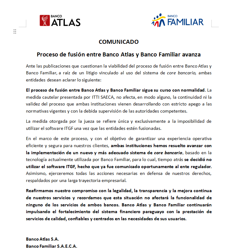 Launionam's tweet photo. La fusión entre Banco Atlas y Banco Familiar sigue su curso con total normalidad.

La medida cautelar relacionada con el software ITGF no afecta el proceso ni nuestros servicios.

✔️ Transparencia
✔️ Legalidad
✔️ Mejora continua

Comunicado de @bancoatlas @banco_familiar https://t.co/1G4KDQXyJz