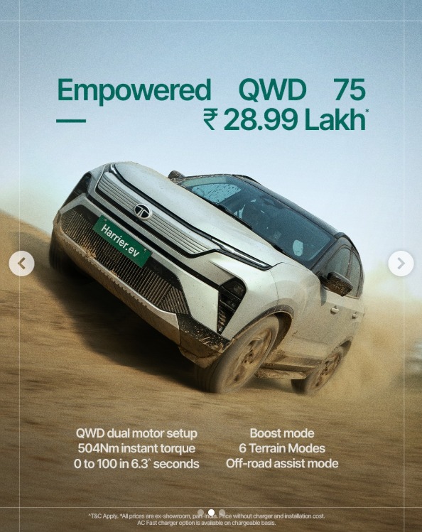 _EVINDIA's tweet photo. Tata Harrier.ev QWD Launched at ₹28.99 Lakh!
Tata Motors reveals the top-end Empowered QWD 75 variant of the Harrier.ev India’s most capable electric SUV yet!
#TataHarrierEV #HarrierEVQWD #ElectricSUV #EVIndia #TataMotors #EVLaunch #GreenMobility #OffroadEV #SUVRevolution #EV https://t.co/pORyCUf1gF