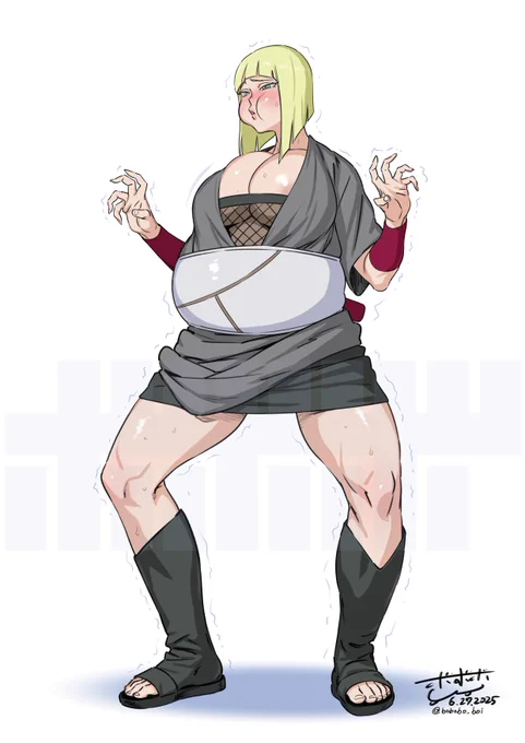 『NARUTO』よりサムイです。 「金角銀角の攻撃で言霊が口から出てきそうになり(中略)言霊が体を巡っていってサムイのお腹を大きくさせてしまう……」 というオーダーでした。 FANBOXに言霊吐き出し差分、脱衣差分があります。