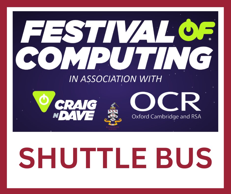 craigndave1's tweet photo. Bromsgrove School is kindly running a shuttle bus on Wednesday from the train station to the Festival of Computing โ & back again
Look out for a white minibus & guide with a sign (like in the image)
Timings also shown on the image attached.
#FestivalOfComputing25 #Craigndave https://t.co/OqBWJaVz6N