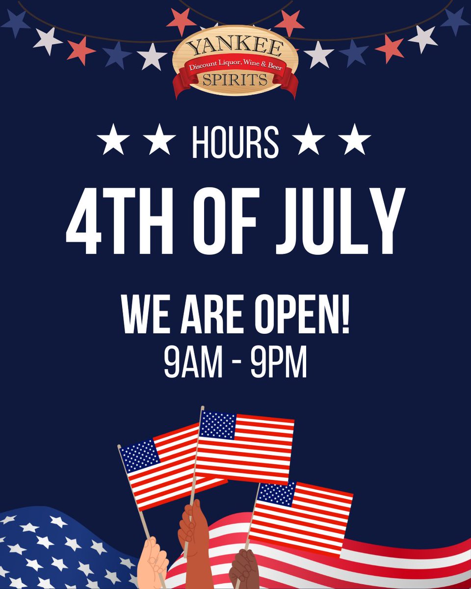 Planning your Independence Day celebration? We've got you covered! Yankee Spirits will be open regular hours on July 4th from 9AM-9PM.

#4thOfJuly #IndependenceDay #YankeeSpirits #OpenRegularHours #CelebrationReady #PatrioticParty
