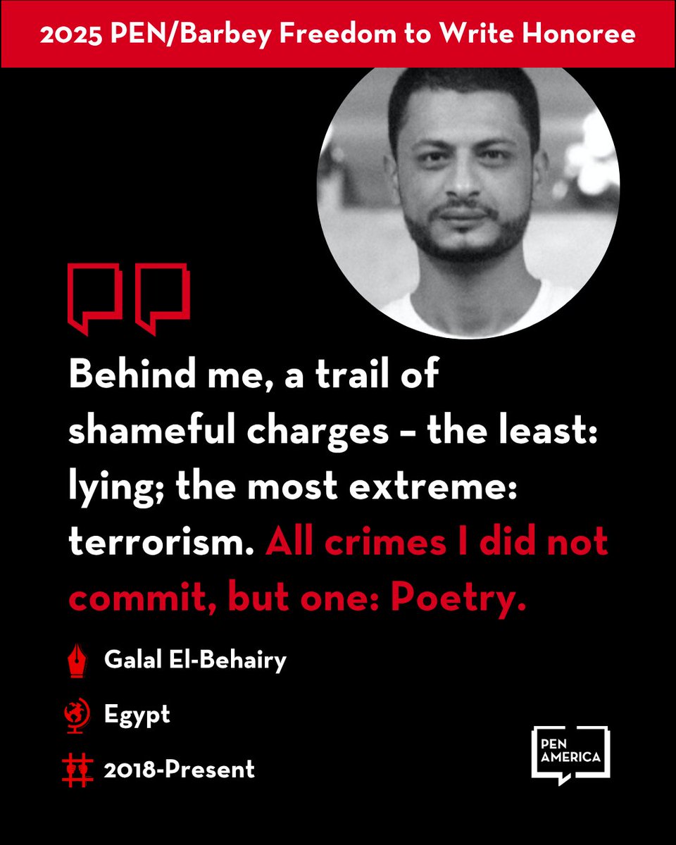 Egypt must release poet Galal El-Behairy, unjustly jailed since he was 28 years old for his poetry and song lyrics. Today marks his 35th birthday—his 7th spent behind bars. How many more birthdays will Egypt rob from him? #FreeGalal #PoetryIsNotACrime