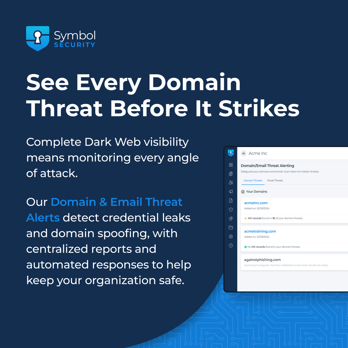 Symbol_Security's tweet image. Complete Dark Web visibility = Compromised credentials + Spoofed domains + Automated alerts + Executive reporting.
Our Domain & Email Threat Alerts cover every attack vector from one centralized platform.🛡️
Try It Now ➡️ hubs.ly/Q03v01X_0
#CyberSecurity #Threats #DarkWeb