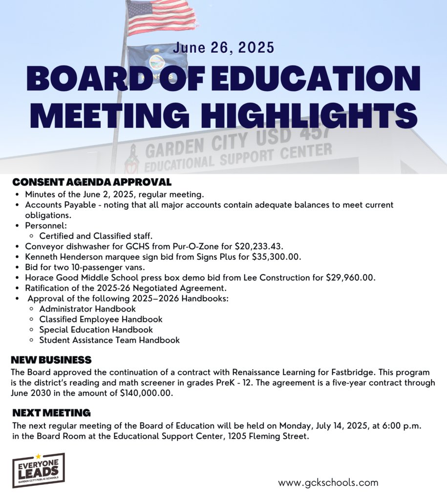 If you missed this week's Board of Education meeting, here are the highlights.

Minutes from the meeting will be available after they've been approved at the next meeting.

The complete agenda can be found at meetings.boardbook.org/Public/Organiz…