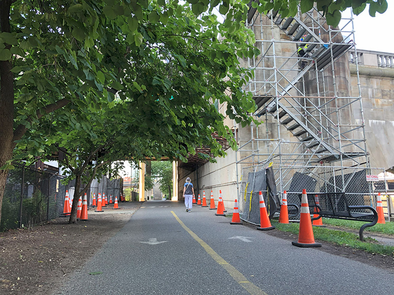 SchuylkillBanks's tweet photo. The Market Street Bridges Rehabilitation project continues with the contractor setting up a temporary staircase and related support structure along and above the trail. Please be careful while traveling under the bridge while this work is being completed. 
https://t.co/KPy8rduVH4 https://t.co/BnB2cFguBg