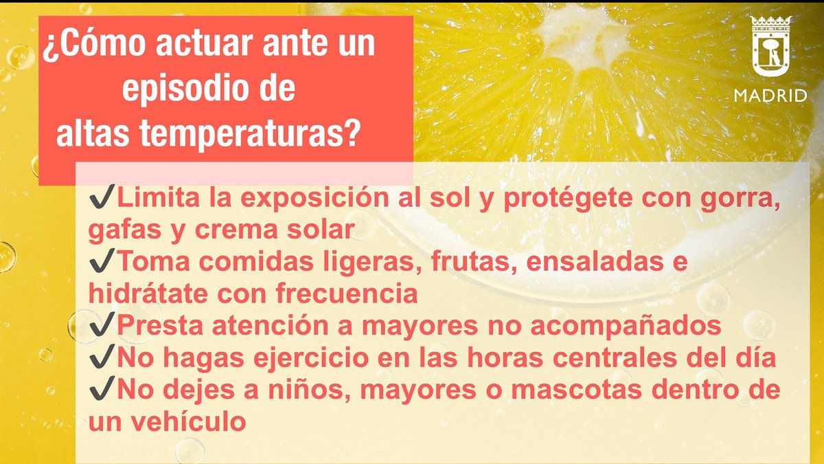 Emergencias Madrid (@emergenciasmad) on Twitter photo Hoy viernes el <a href="/MADRID/">Ayuntamiento Madrid</a> activa el Plan de Actuación ante Altas Temperaturas Extraordinarias, #CALORMAD, en fase de Alerta y Seguimiento.
Ante el aviso naranja de <a href="/AEMET_Madrid/">AEMET_Madrid</a> para los próximos días, en los que se alcanzarán los 39ºC, se activa esta fase de vigilancia y control. Hoy viernes el <a href="/MADRID/">Ayuntamiento Madrid</a> activa el Plan de Actuación ante Altas Temperaturas Extraordinarias, #CALORMAD, en fase de Alerta y Seguimiento.
Ante el aviso naranja de <a href="/AEMET_Madrid/">AEMET_Madrid</a> para los próximos días, en los que se alcanzarán los 39ºC, se activa esta fase de vigilancia y control.