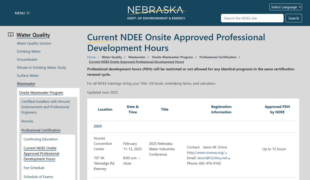 NDEE has updated its schedule of professional development hours (PDH) for onsite professionals! We’ve added training events for August, September, October, November, and December. Sign up to get your PDH! dee.nebraska.gov/water-quality/…