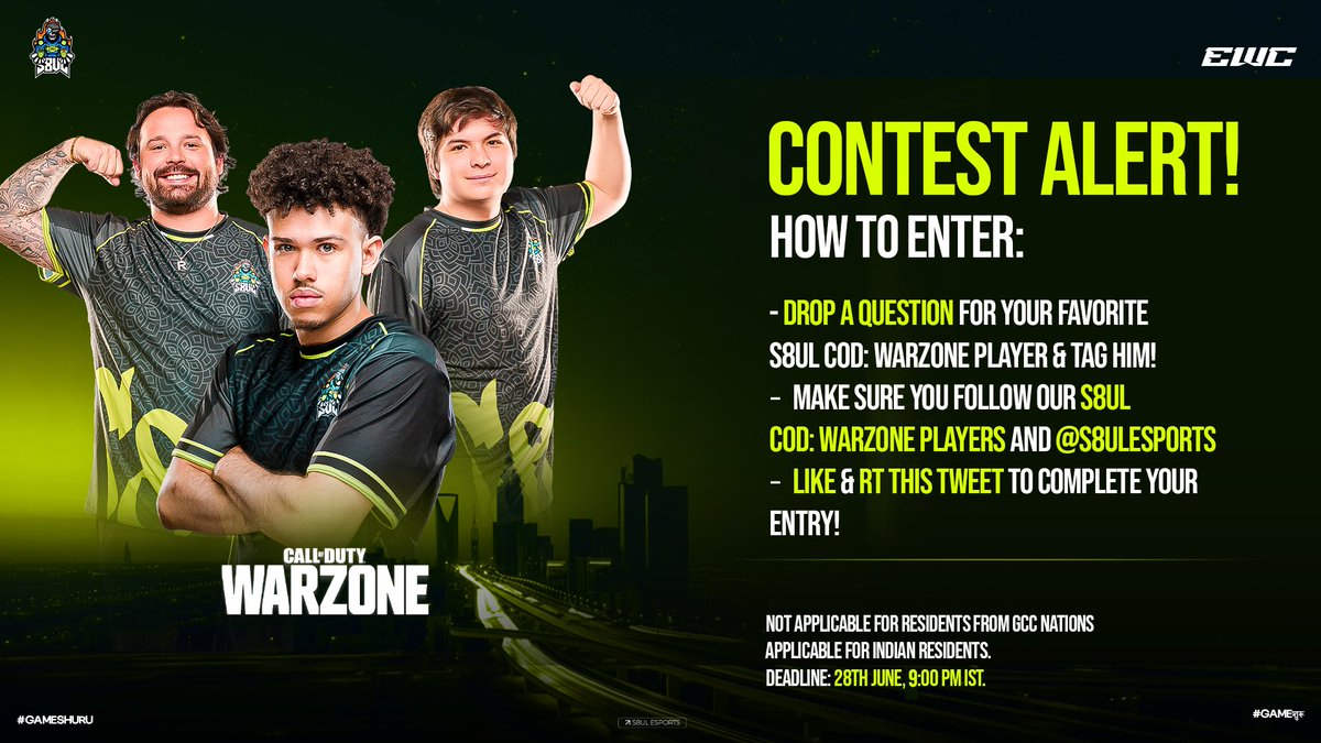 🚨 EWC TRIP CONTEST ALERT – COD: WARZONE🚨✈️

How to Enter:
1️⃣ Drop a question for your fav S8UL COD: WARZONE &amp; tag them
2️⃣ Follow <a href="/RydaTV/">S8UL Ryda</a> <a href="/Braxtvnn/">S8UL Brax</a> <a href="/TrikEmpathy/">S8UL Trik</a> + <a href="/S8ulesports/">S8UL</a>
3️⃣ Like &amp; RT this tweet