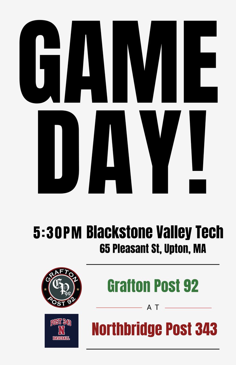 GM12 vs <a href="/Post343Legion/">Northbridge Legion</a> 
🏟️ Blackstone Valley Tech
65 Pleasant St. Upton, MA
🕠 First Pitch: 530PM