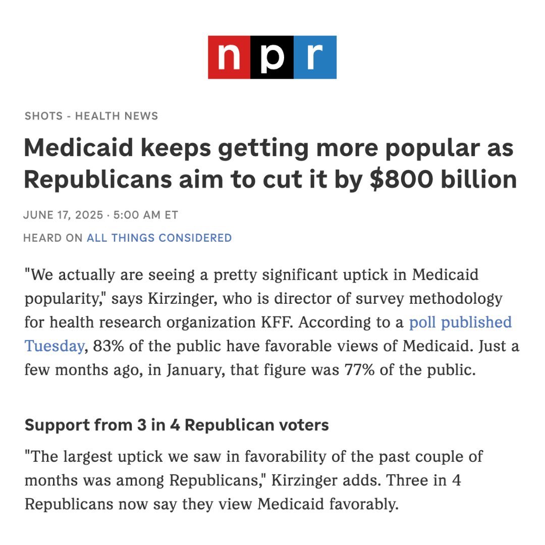 Since January, Medicaid has only increased in popularity. 3 in 4 Republicans view the program as favorable. So why is Congress trying to uproot everyday Americans’ healthcare?
npr.org/sections/shots…